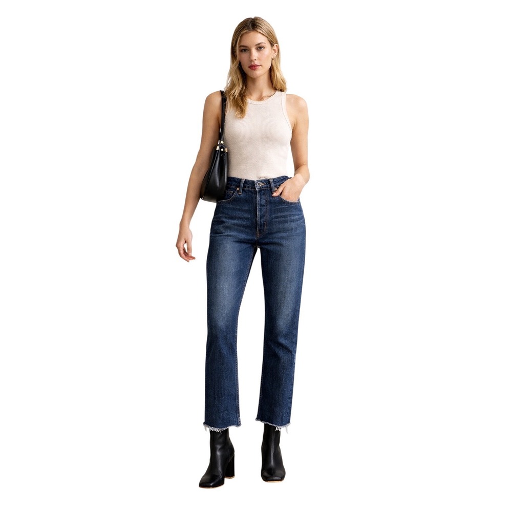 Moussy Vintage Women's Straight Leg Jeans 29‎ Dark Indigo Raw Hem Japanese Denim